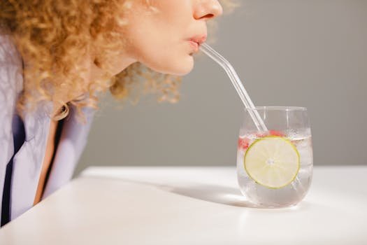 Close-up of a woman sipping a refreshing glass of lemon water through a straw.